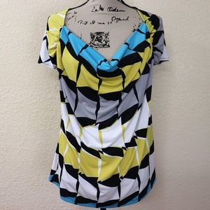 Worthington Top Geometric Print Black Blue Yellow